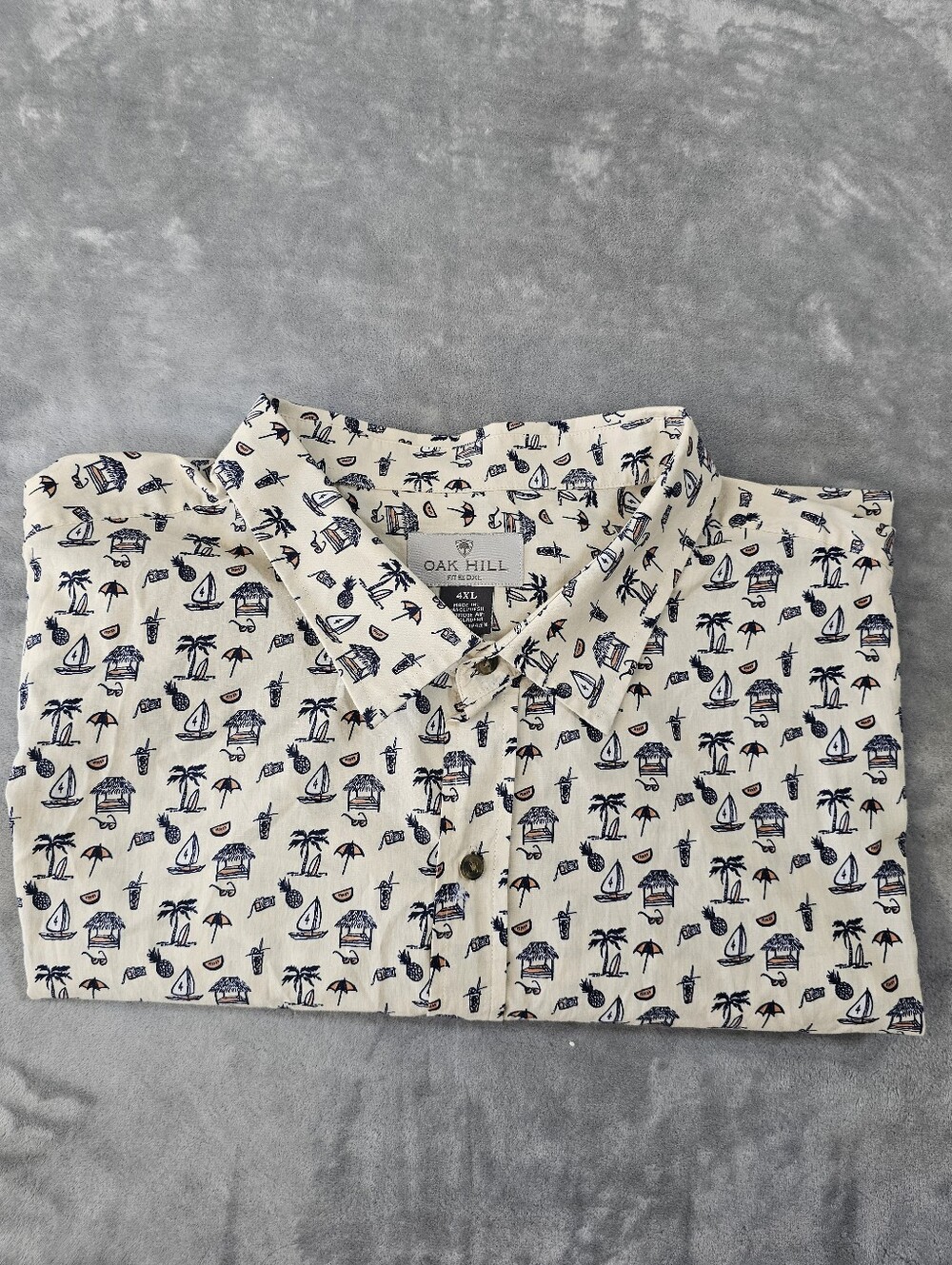OAK HILL Men 4XL‎ Short Sleeve Button Up Shirt Navy/beige Sailboat Palm Tree
